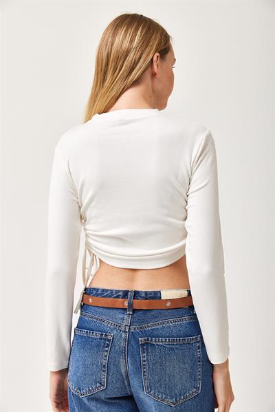 Yanları  İp Detaylı Yumuşak Dokulu Crop Bluz Beyaz