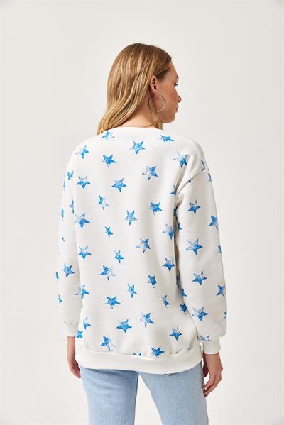 Yıldız Baskılı Oversize Şardonlu Sweatshirt Beyaz
