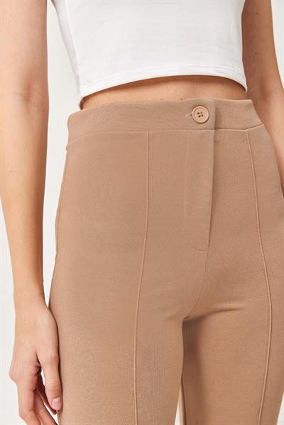 Yüksek Bel Likralı Rahat Örme Pantolon Vizon