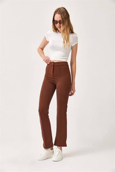 Yüksek Bel Likralı Rahat Örme Pantolon Kahve