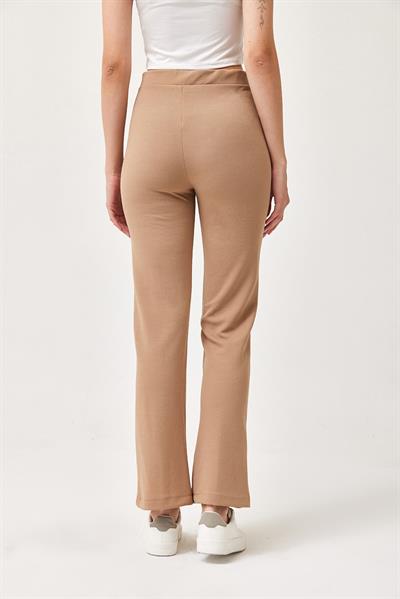 Yüksek Bel Likralı Rahat Örme Pantolon Vizon