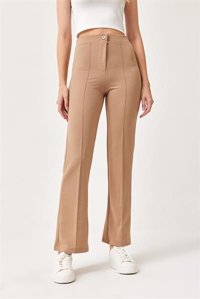 Yüksek Bel Likralı Rahat Örme Pantolon Vizon