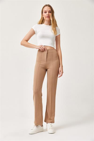 Yüksek Bel Likralı Rahat Örme Pantolon Vizon