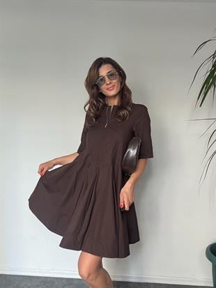ÖNÜ PİLELİ MİNİ ELBİSE KAHVE