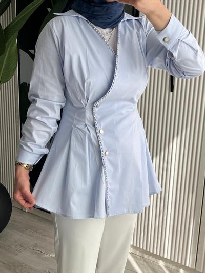 Beli Pena Detaylı İşlemeli Gömlek / BEBE MAVİSİ