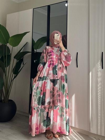 PEMBE YAPRAK DESENLİ ELBİSE