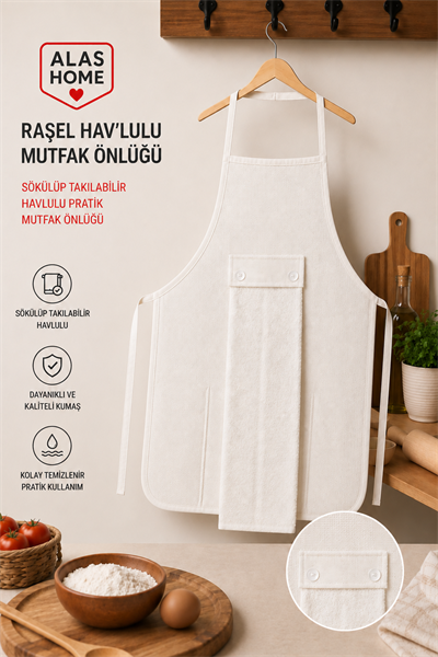 El Kurutma Havlulu Suya Dayanıklı Mutfak Önlüğü Krem