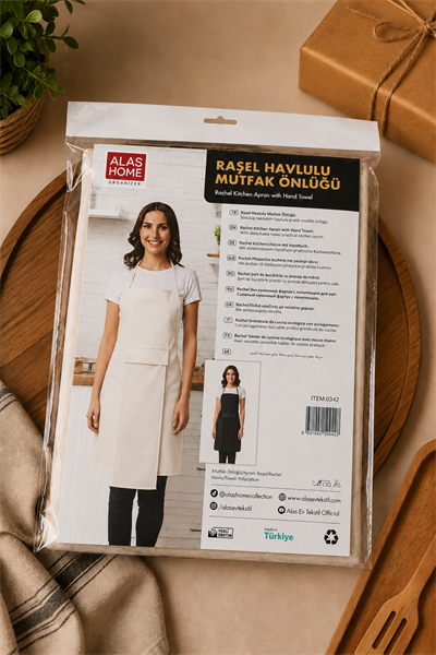 El Kurutma Havlulu Suya Dayanıklı Mutfak Önlüğü Krem