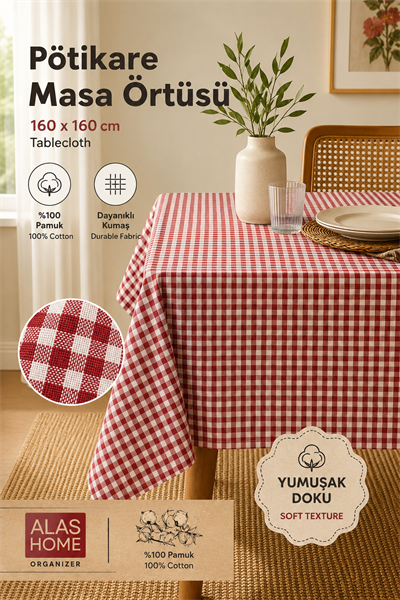 Kırmızı Piknik Bahçe Balkon Masa Örtüsü 160 x 160 Kırmızı
