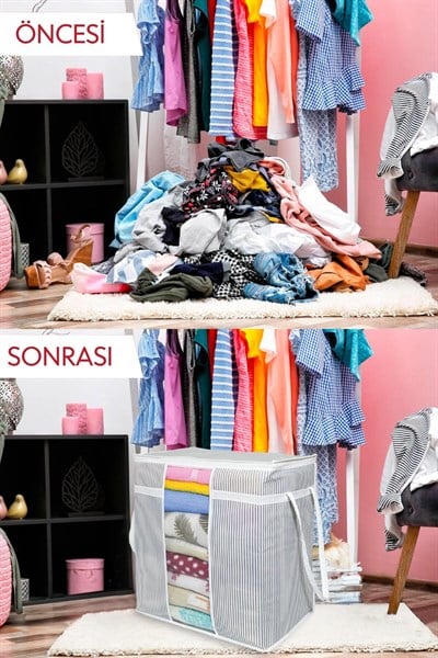 Pencereli Saklama Çantası Gri Gri Çizgili