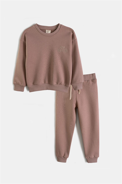 Unisex Çocuk Kahverengi Bisiklet Nakış Detaylı Sweatshirt 2'li Takım