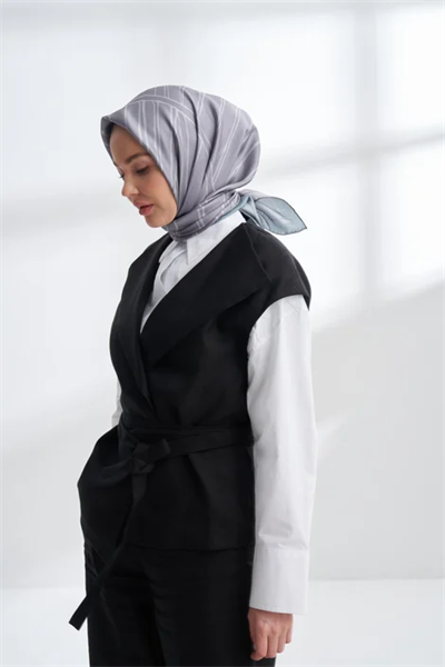 Marblıng Desen Çift Taraflı Twill İpek Eşarp-gri-füme