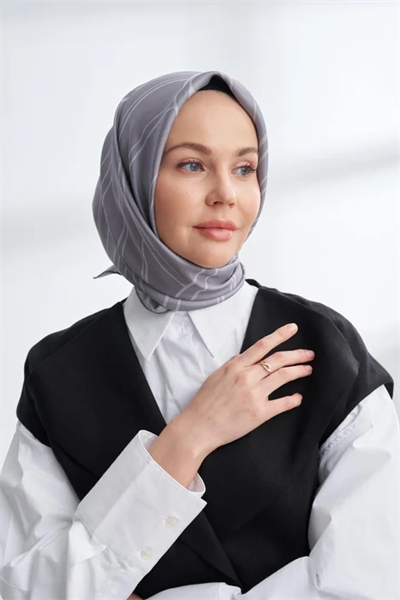 Marblıng Desen Çift Taraflı Twill İpek Eşarp-gri-füme