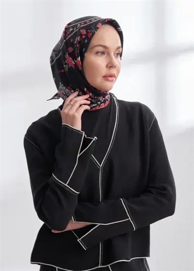 Premıum Collectıon Fleur Desen Twıll İpek Eşarp siyah- lacivert