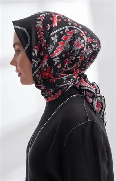 Premıum Collectıon Fleur Desen Twıll İpek Eşarp siyah- lacivert