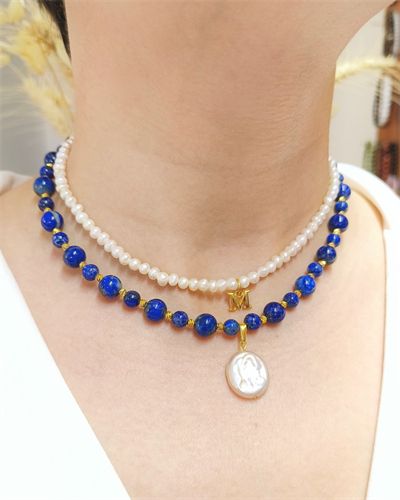 İnci ve Lapis Lazuli Kolye 6-8 mm - Bilgelik ve Zarafetin Uyumu