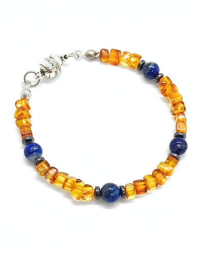 Kehribar ve Lapis Lazuli Bileklik 4 mm - Mıknatıs Kapama - Yaşam Enerjisi, Yüksek Frekans