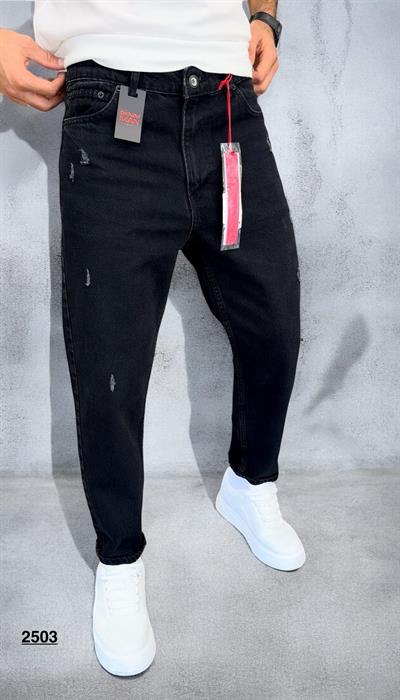 Erkek Siyah Boyfriend Kalıp Yırtık Detaylı Lazerli Jean Pantolon