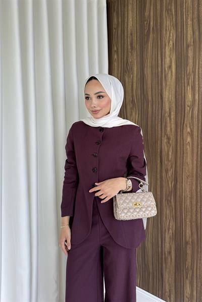 Belden oturtmalı keten takım bordo 