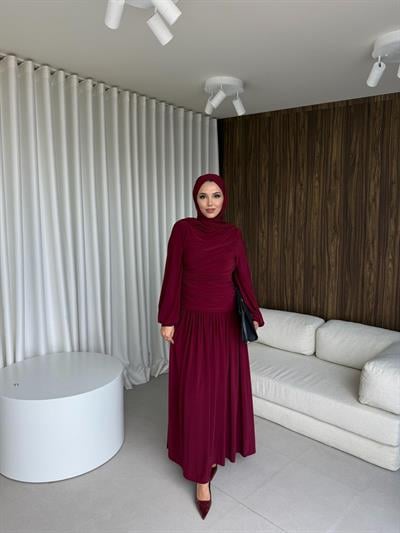 Büzgülü Elbise Bordo