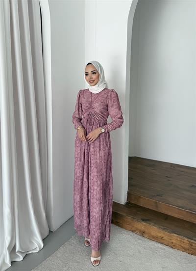 Desenli Piliseli Şifon Elbise Pembe