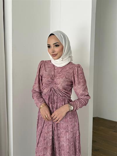 Desenli Piliseli Şifon Elbise Pembe