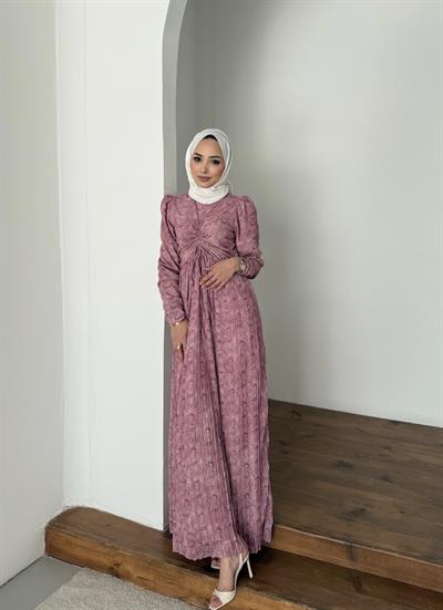 Desenli Piliseli Şifon Elbise Pembe