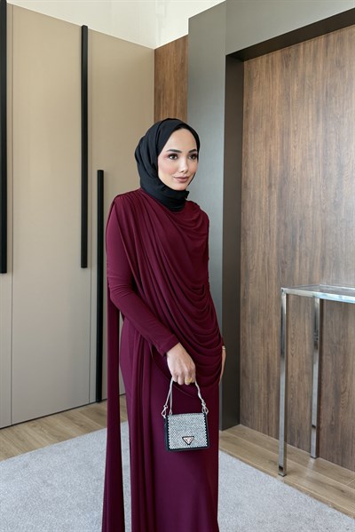 Drapeli Nahide Elbise bordo 