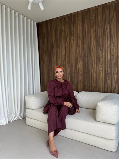 Fırfır Detaylı Pantolon Takım Bordo