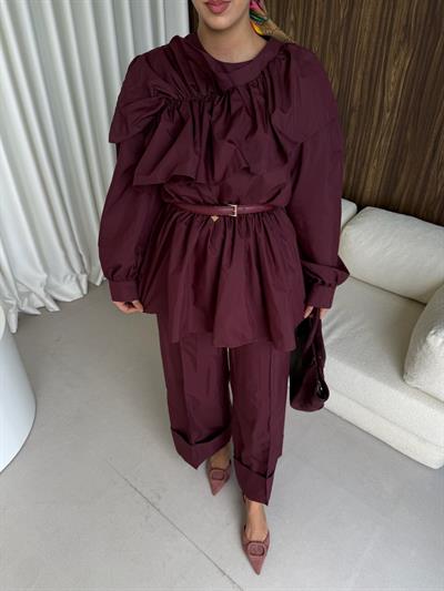 Fırfır Detaylı Pantolon Takım Bordo