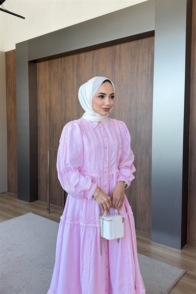 Fisto Şeritli Elbise Pembe