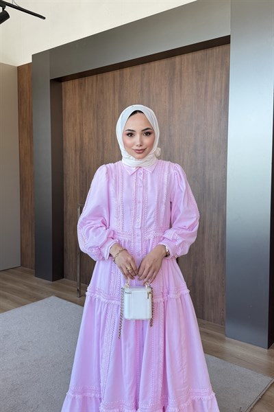 Fisto Şeritli Elbise Pembe