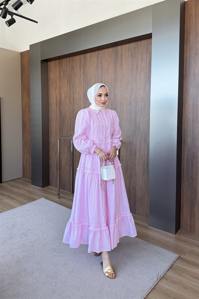 Fisto Şeritli Elbise Pembe