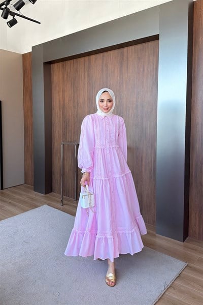 Fisto Şeritli Elbise Pembe