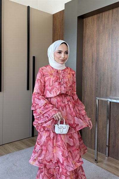 Kat Kat Şifon Desenli Elbise Pembe