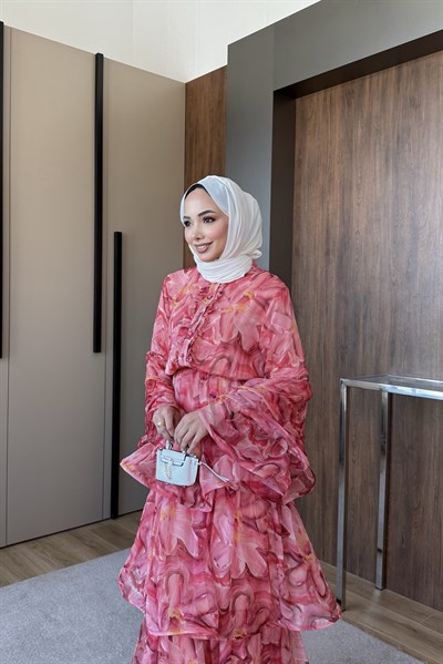 Kat Kat Şifon Desenli Elbise Pembe