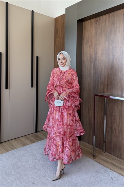 Kat Kat Şifon Desenli Elbise Pembe