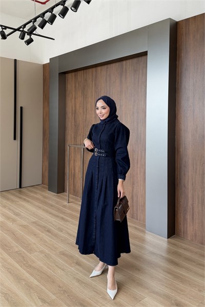 Kemerli Denim Elbise Lacivert
