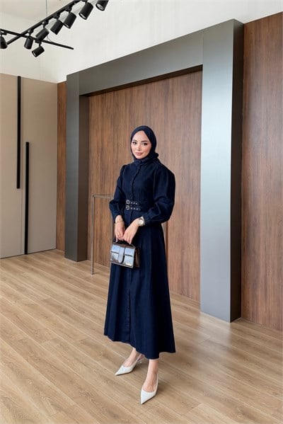 Kemerli Denim Elbise Lacivert