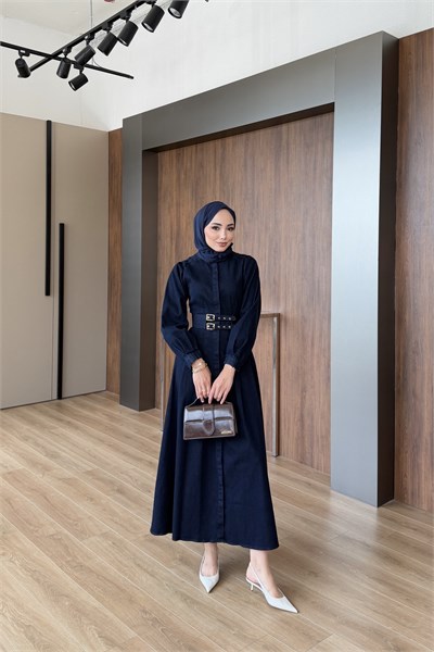 Kemerli Denim Elbise Lacivert