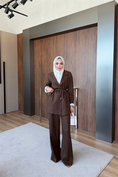 Keten Blazer Pantalonlu Takım Kahverengi