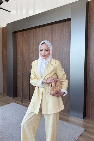 Keten Blazer Pantalonlu Takım Sarı