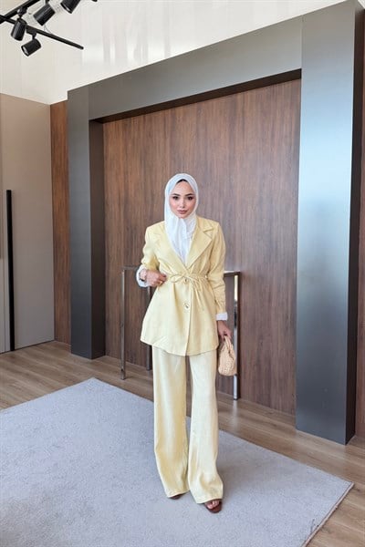 Keten Blazer Pantalonlu Takım Sarı