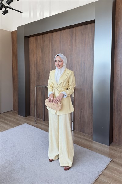 Keten Blazer Pantalonlu Takım Sarı