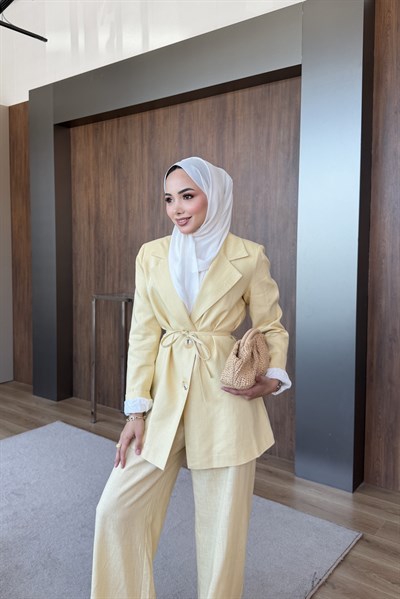 Keten Blazer Pantalonlu Takım Sarı