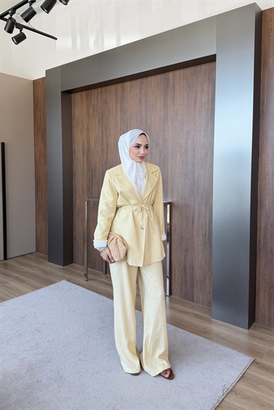 Keten Blazer Pantalonlu Takım Sarı