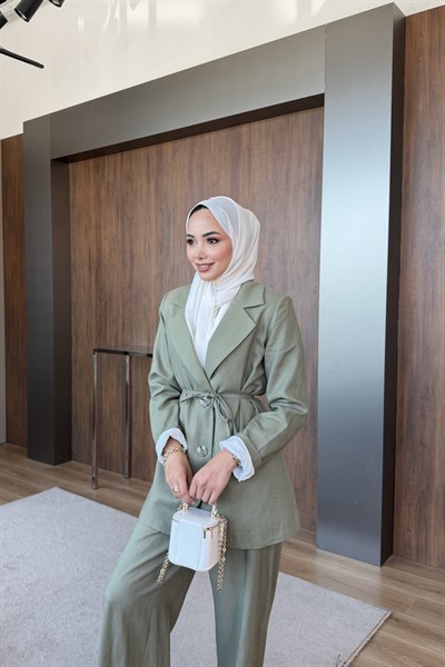 Keten Blazer Pantalonlu Takım Yeşil