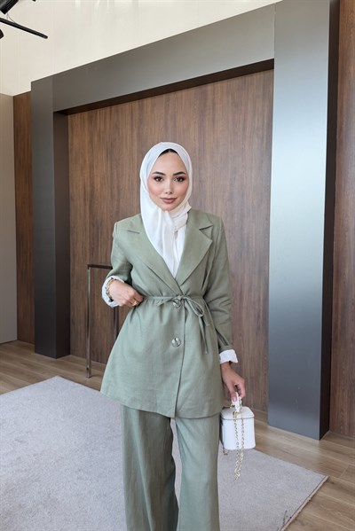 Keten Blazer Pantalonlu Takım Yeşil