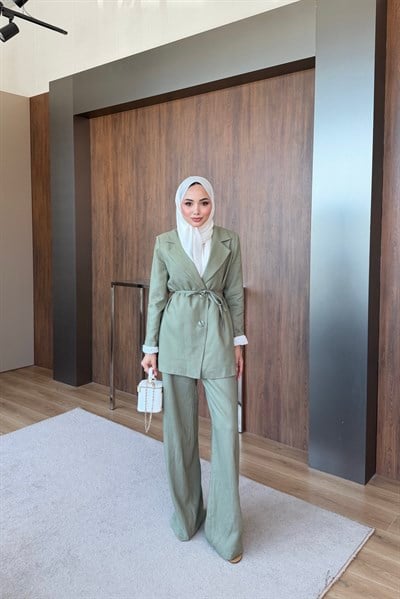 Keten Blazer Pantalonlu Takım Yeşil