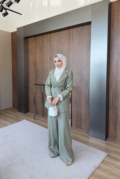 Keten Blazer Pantalonlu Takım Yeşil